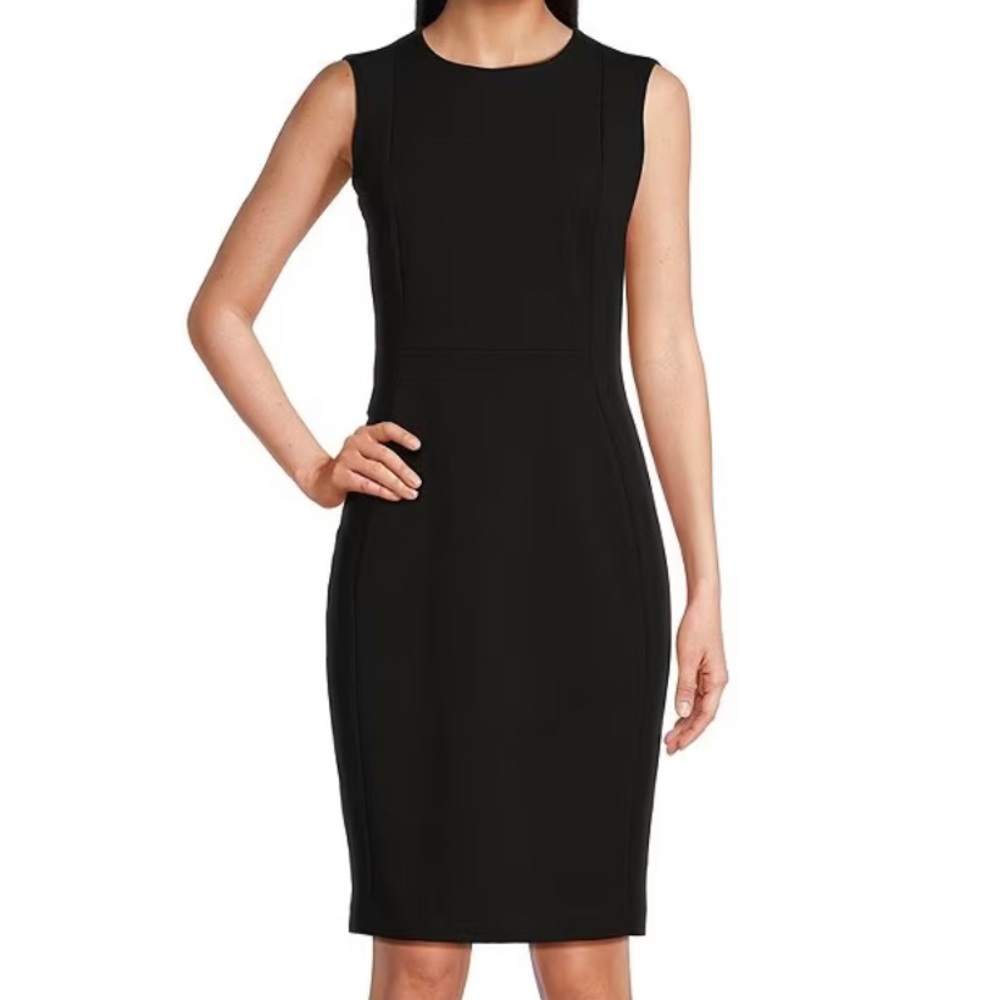 Calvin Klein Sleeveless Seam Front Scuba Crepe Crew Neck Sheath Dress Black